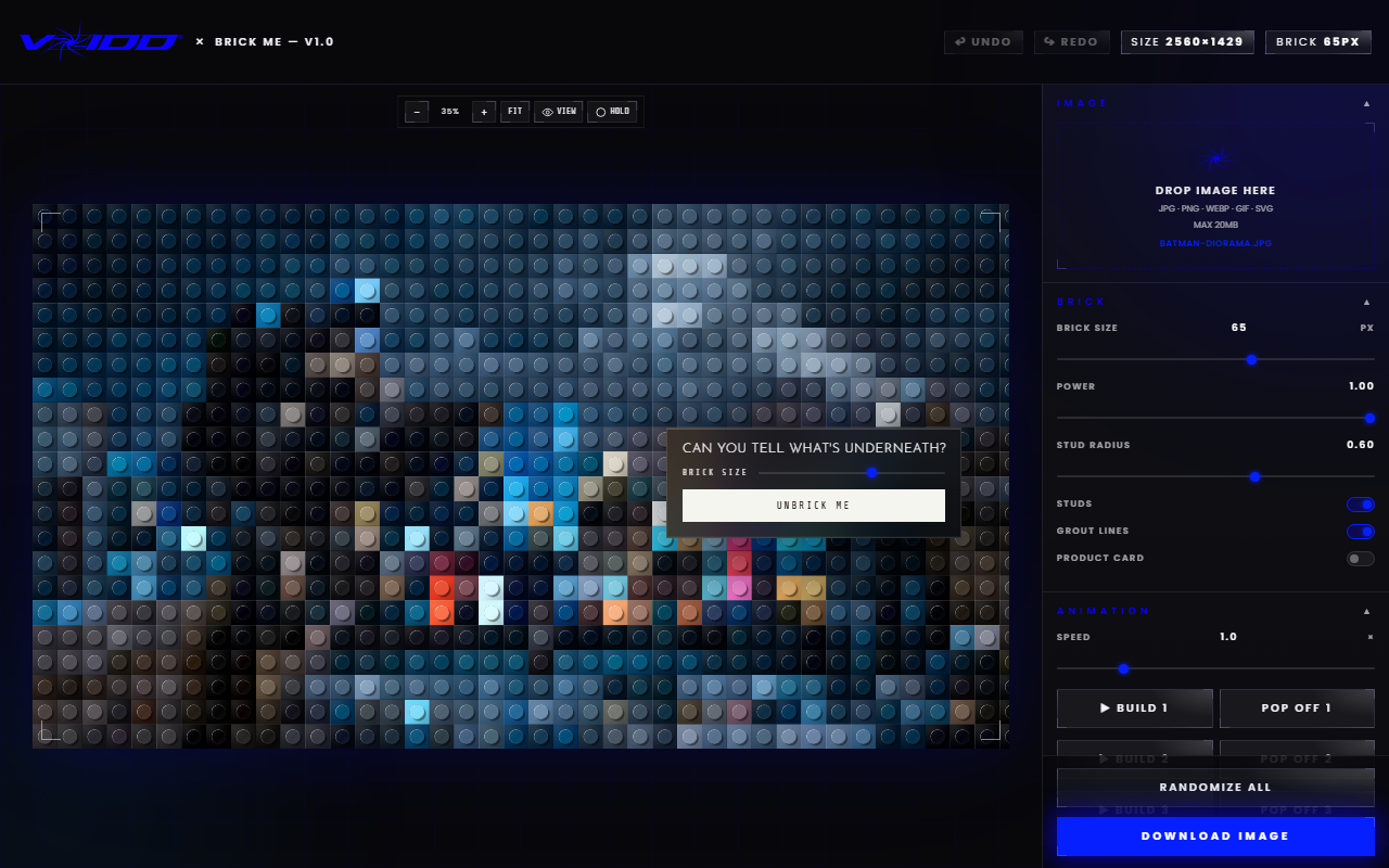 Brick Me, a toy-brick mosaic built from a photo in the browser